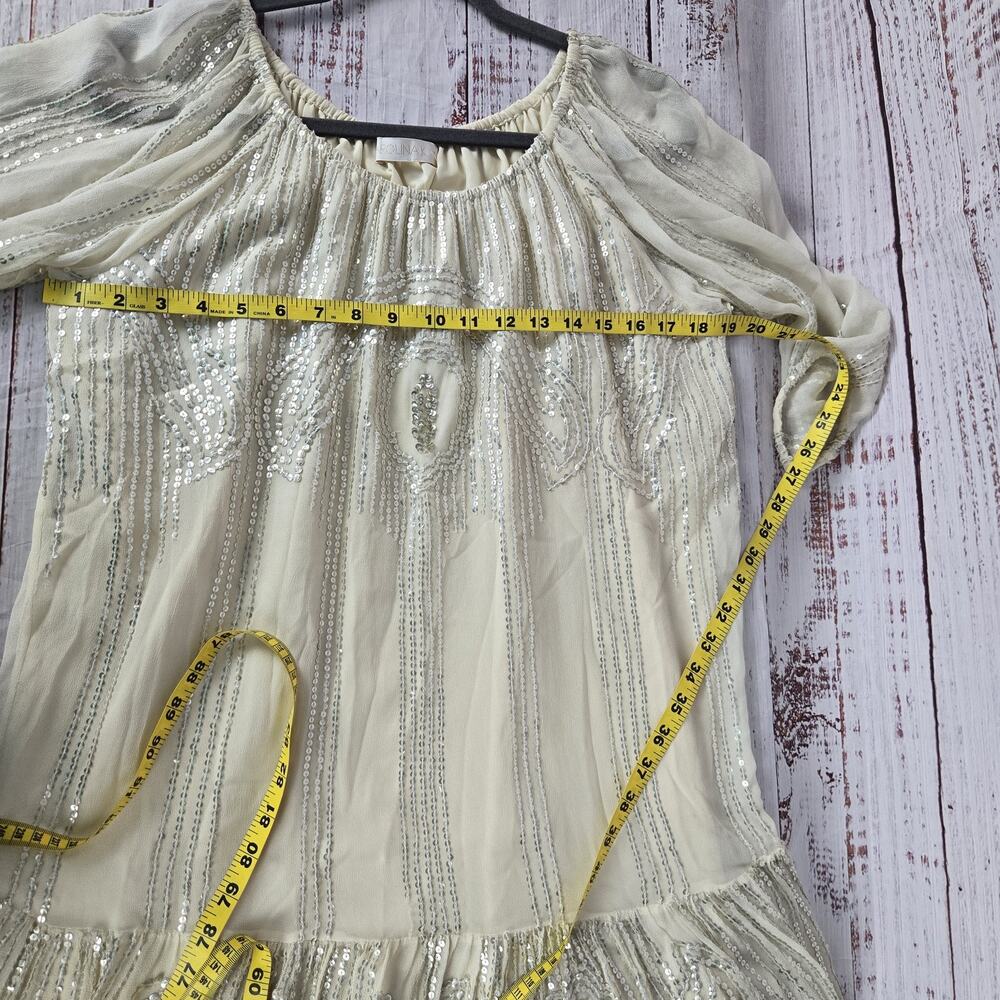 Carolina K Sequin Dress M Cream Cottagecore Sheer Sleeve Ruffle Tier Fairy Glam - Picture 10 of 15